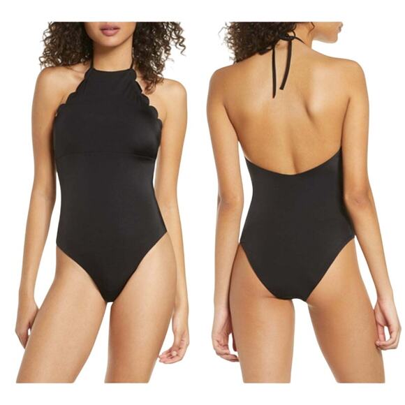 Chelsea28‎ High Neck Scalloped One-Piece Swimsuit Black Large - Picture 1 of 6